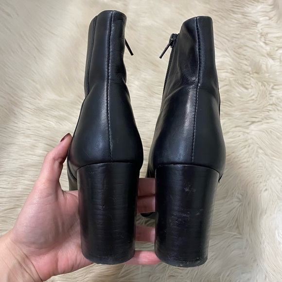 ASOS Design Black Leather Heeled Boots Almond Toe Minimalist Ankle Booties - Picture 7 of 11